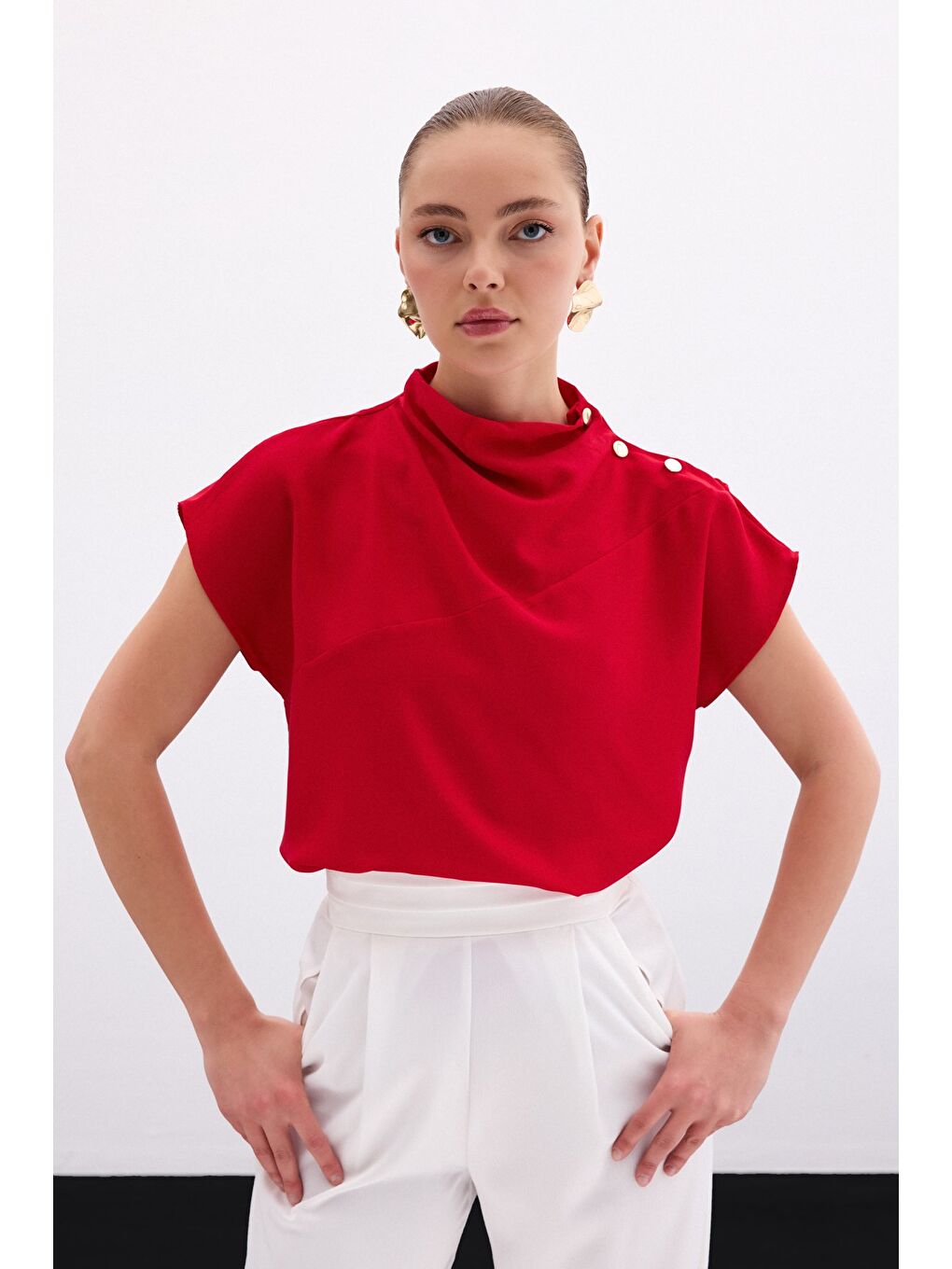 Tek Omuz Çıtçıtlı Bluz - Kırmızı-1