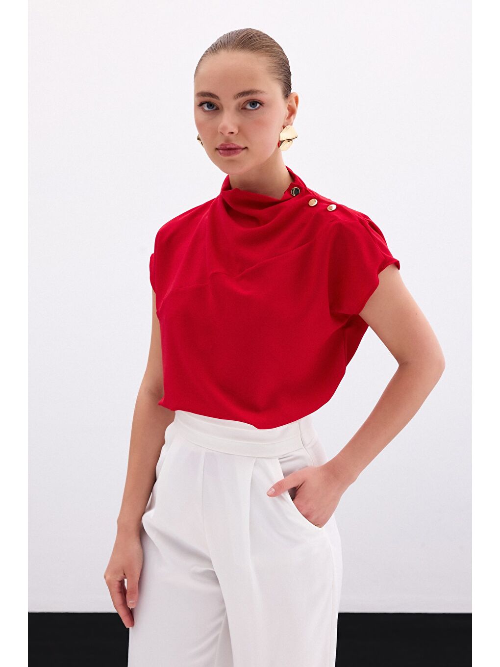 Tek Omuz Çıtçıtlı Bluz - Kırmızı-2