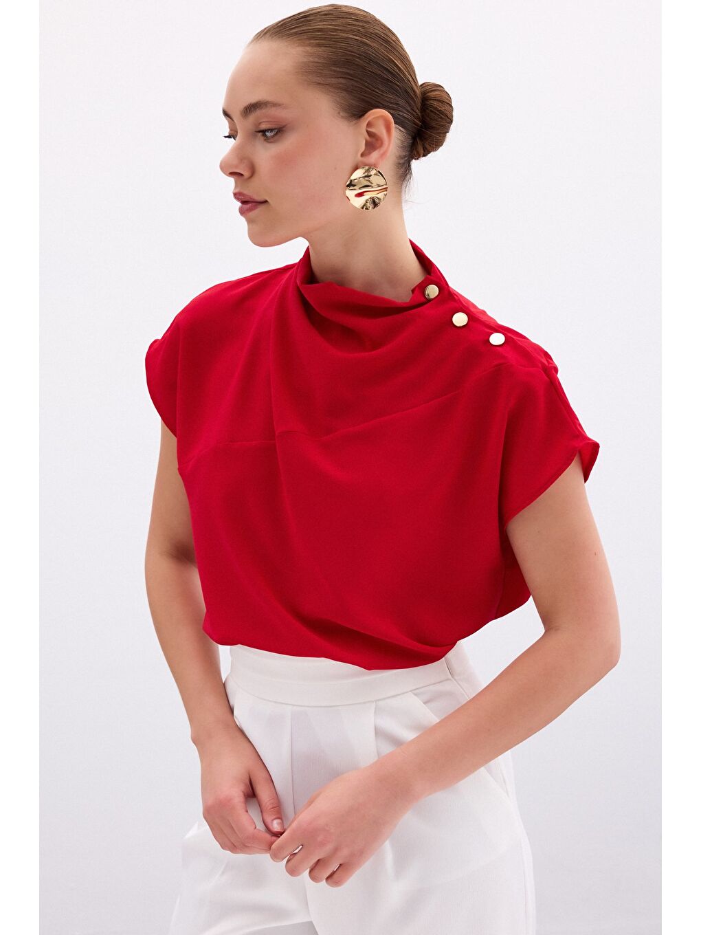 Tek Omuz Çıtçıtlı Bluz - Kırmızı-3