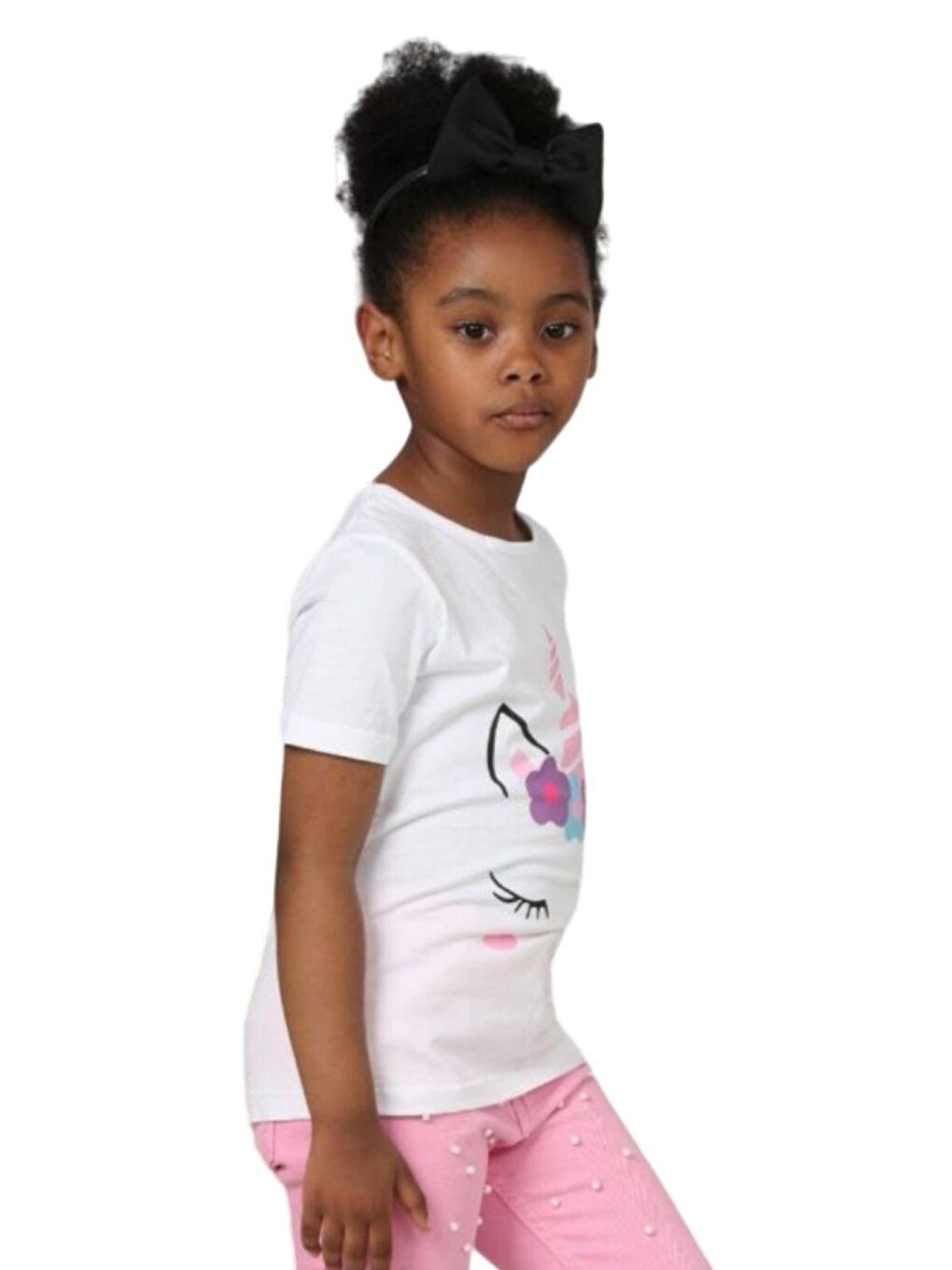 Kız Çocuk  Baskılı Tişört Boncuk İşlemeli Pembe Pantolon Alt Üst Takım-4