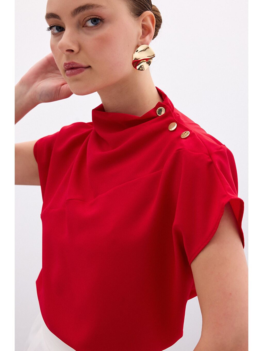 Tek Omuz Çıtçıtlı Bluz - Kırmızı-4