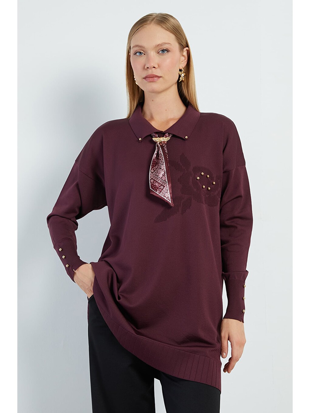 Mürdüm Fullamodest Fularlı Jakarlı Triko Tunik-1