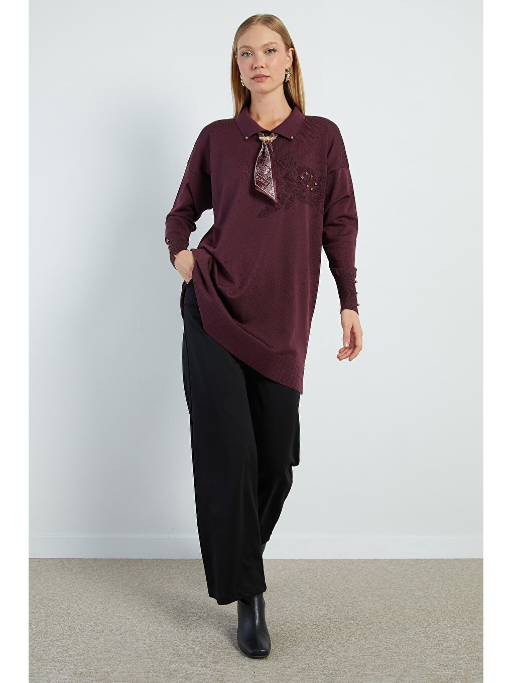 Mürdüm Fullamodest Fularlı Jakarlı Triko Tunik-2