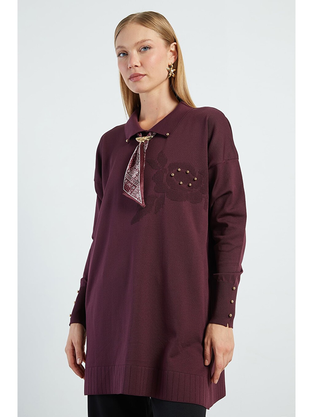 Mürdüm Fullamodest Fularlı Jakarlı Triko Tunik-3
