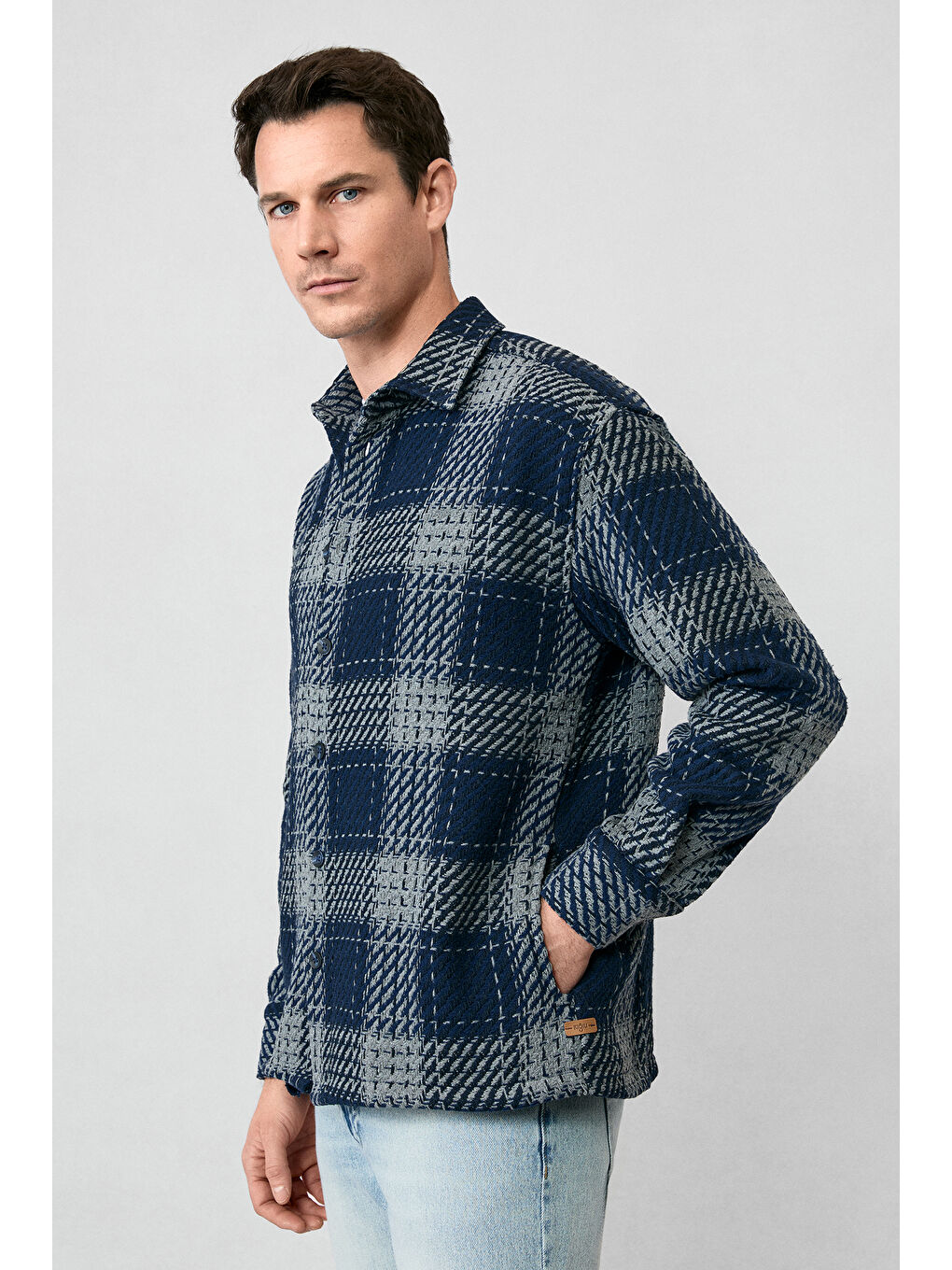 Lacivert Uzun Kol Oversize Ekstra Rahat Kesim Spor Pamuklu Ekose Shacket Oduncu Gömlek / Mont-4