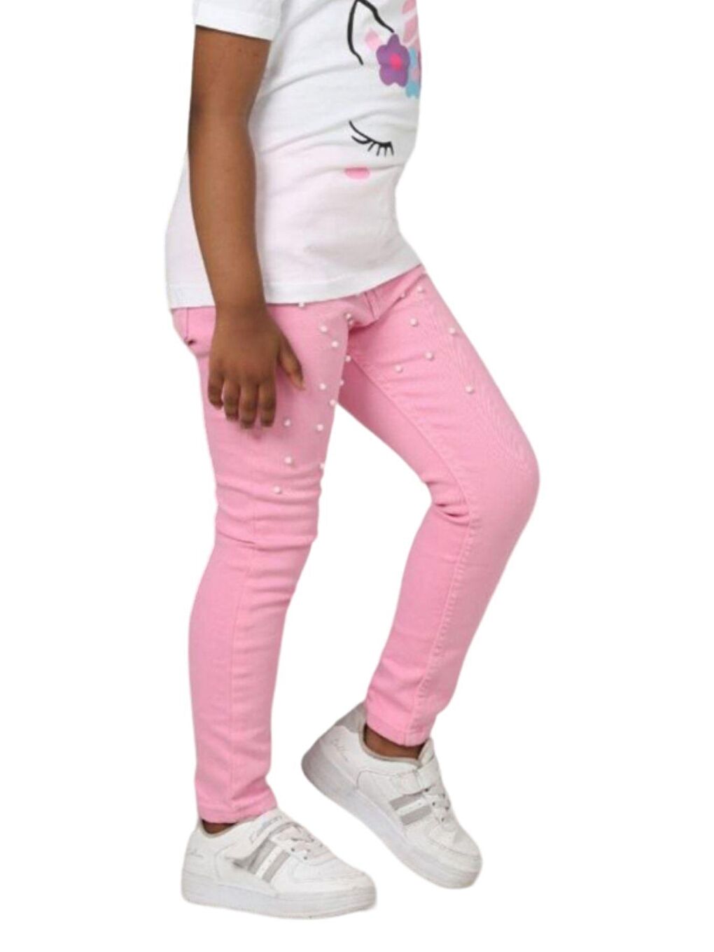 Kız Çocuk  Baskılı Tişört Boncuk İşlemeli Pembe Pantolon Alt Üst Takım-5