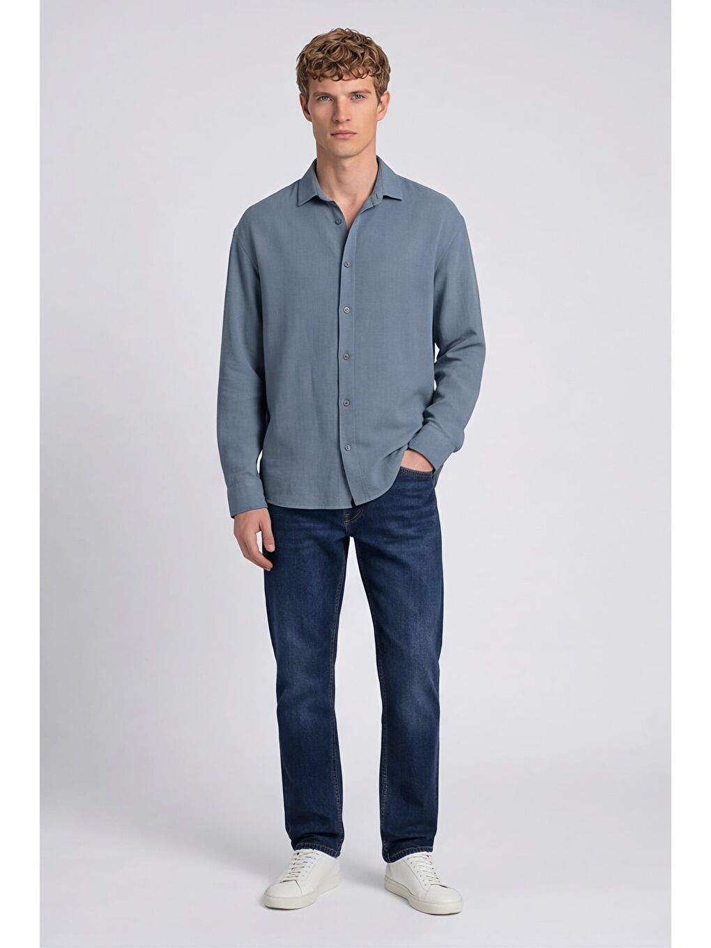 Erkek Mavi Normal Kesim Regular Fit %100 Pamuk Klasik Yaka Muslin Gömlek-1