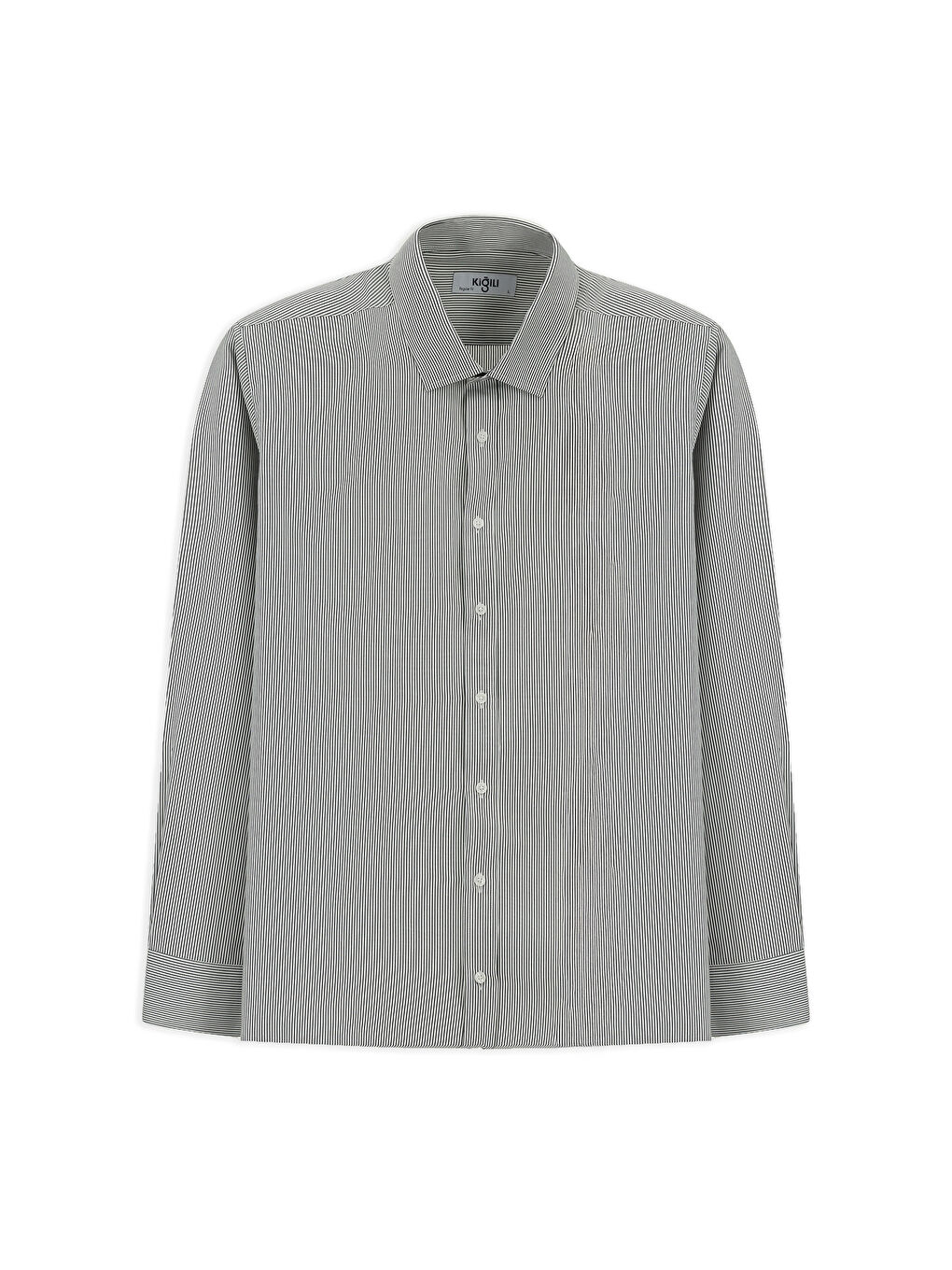 Antrasit Uzun Kol Regular Çizgili Pamuk Gömlek