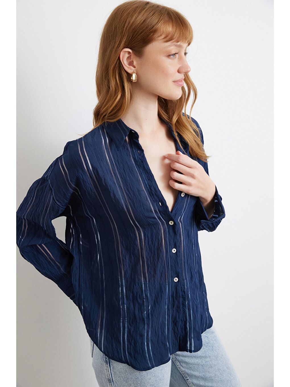 Organze Çizgili Gömlek Lacivert-2