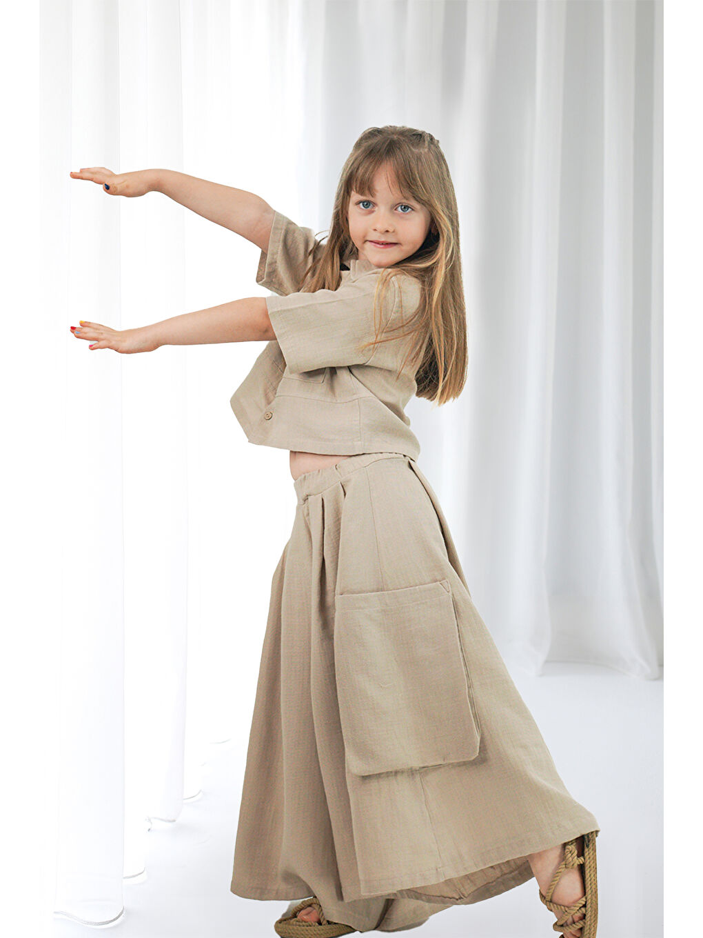Bej Kız Çocuk Cali Vizon Müslin Pantolon Etek-1