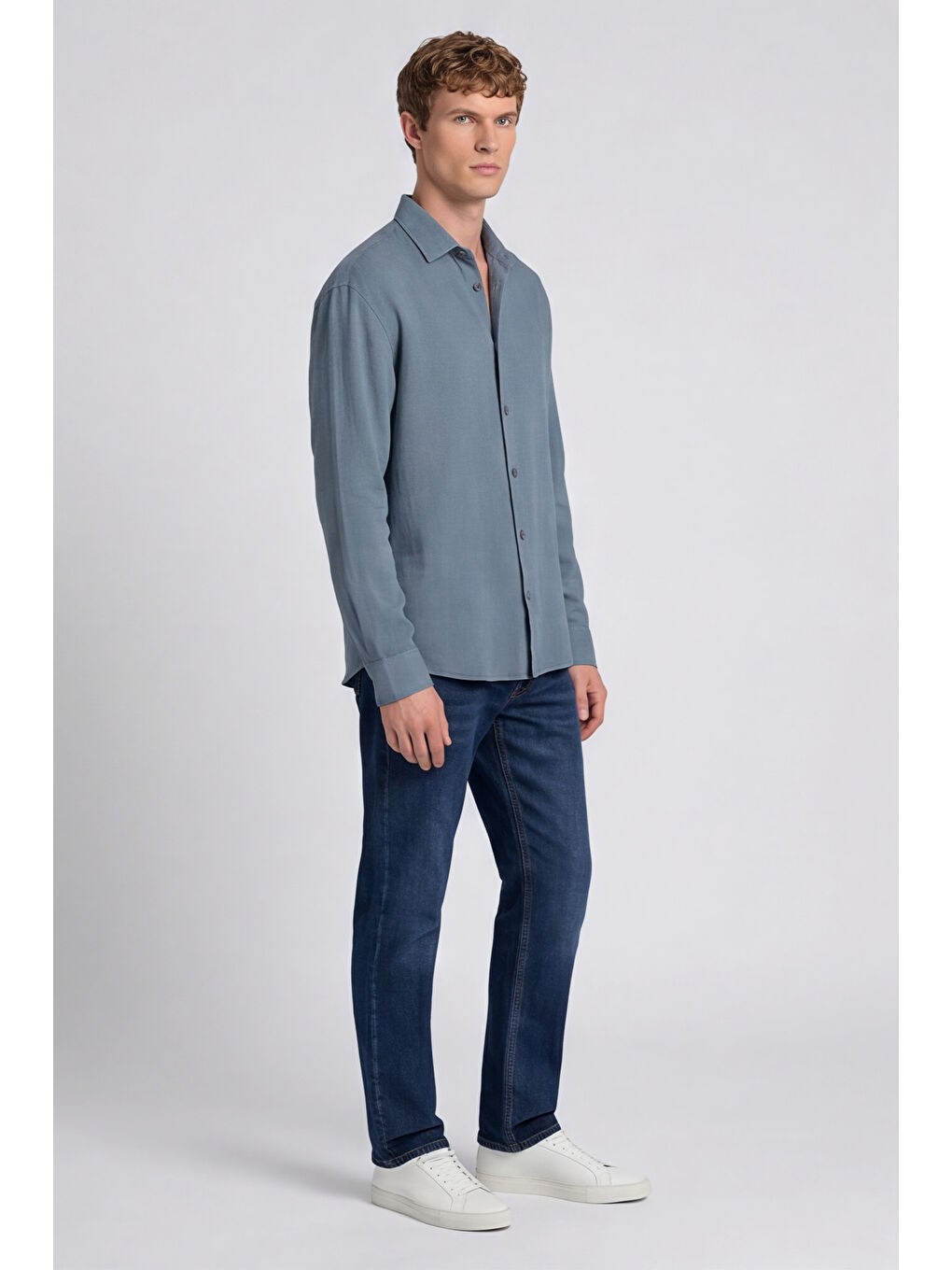 Erkek Mavi Normal Kesim Regular Fit %100 Pamuk Klasik Yaka Muslin Gömlek-2