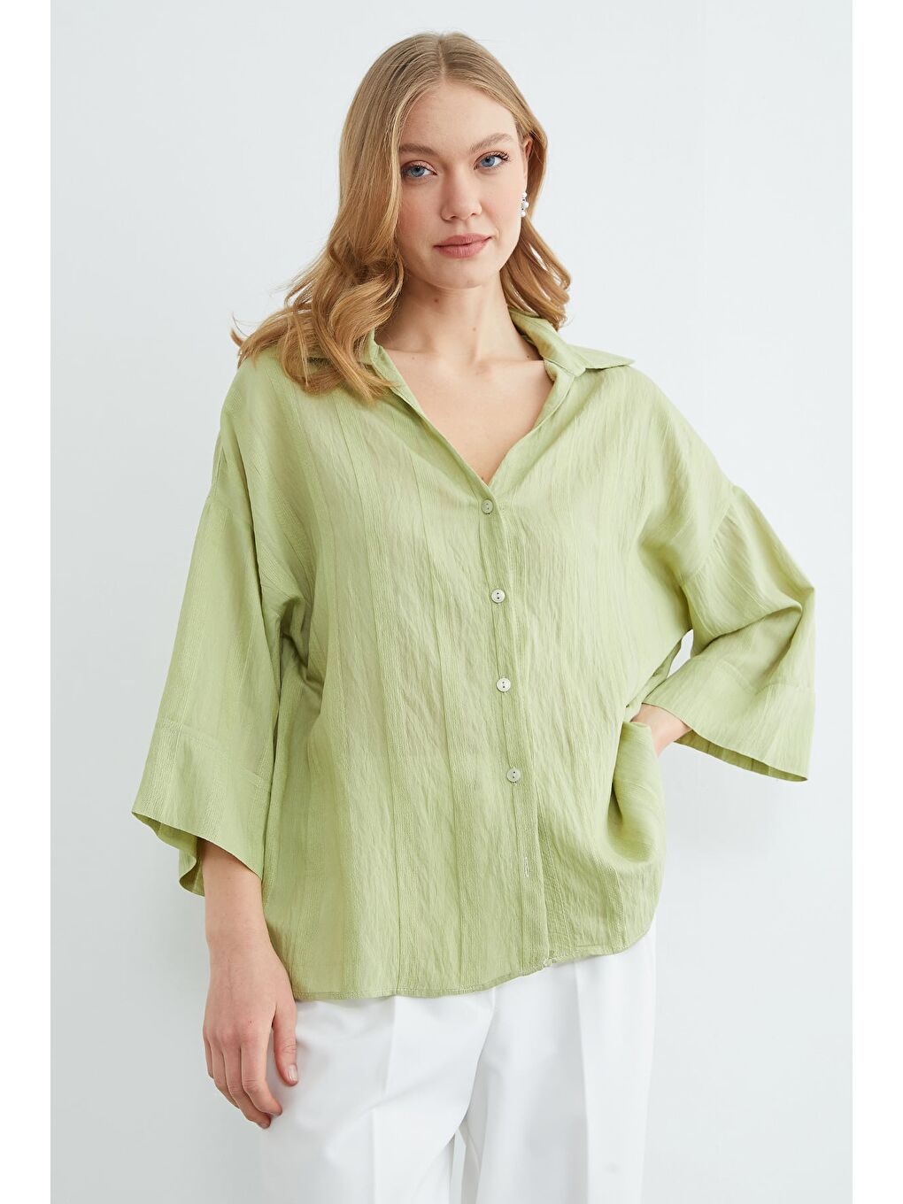 Yeşil Çizgili Kapri Kol Salaş Gömlek-2