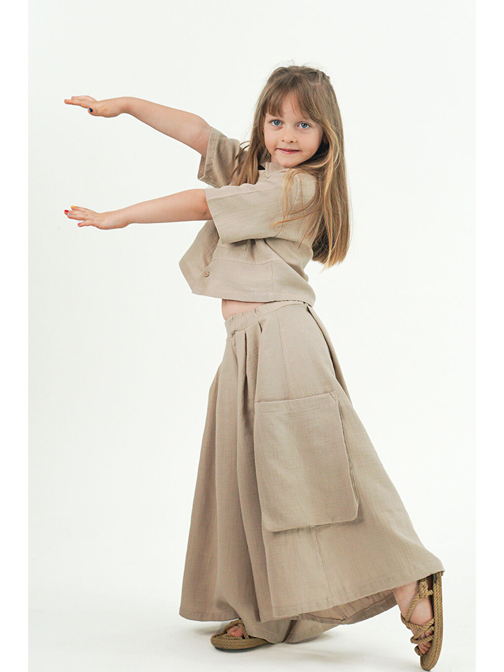 Bej Kız Çocuk Cali Vizon Müslin Pantolon Etek-4