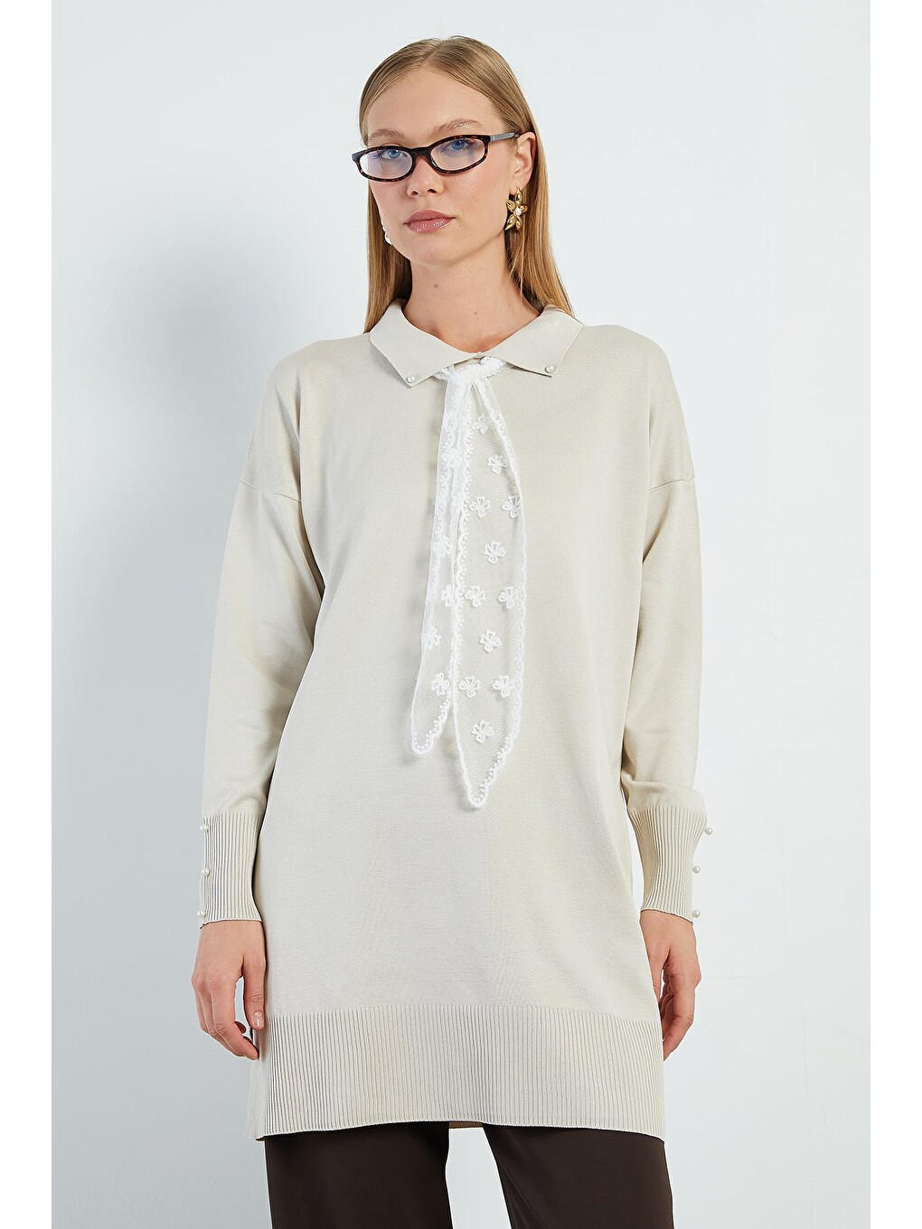 Bej Fullamodest Dantel Fularlı Triko Tunik