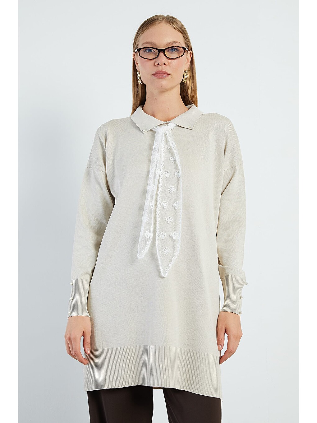 Bej Fullamodest Dantel Fularlı Triko Tunik-2