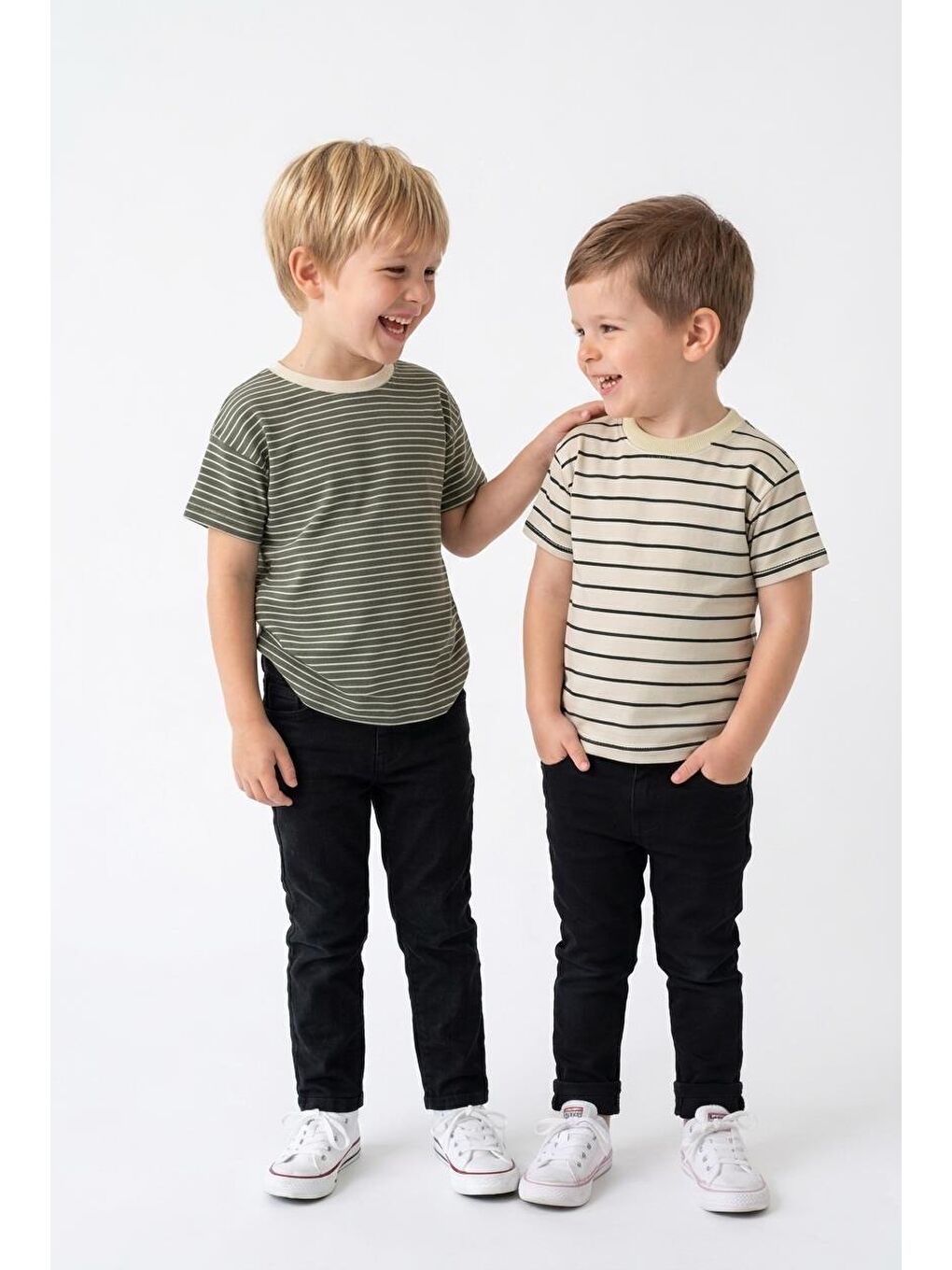 Haki Elastanlı Kabartma Çizgili 2li Tişört Paket
