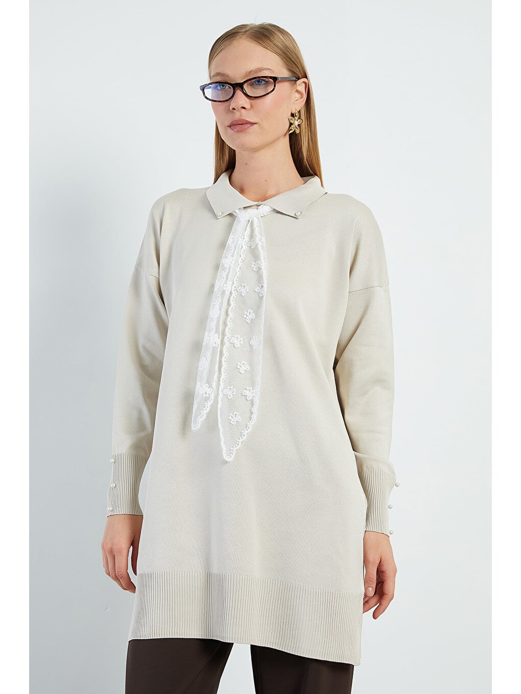 Bej Fullamodest Dantel Fularlı Triko Tunik-3
