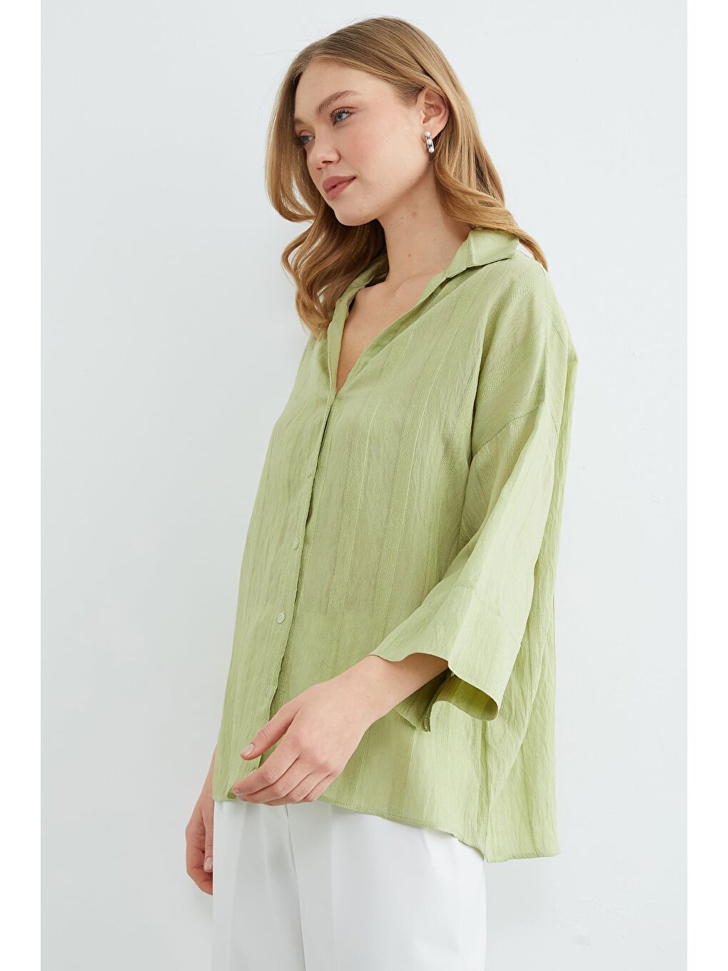 Yeşil Çizgili Kapri Kol Salaş Gömlek-3