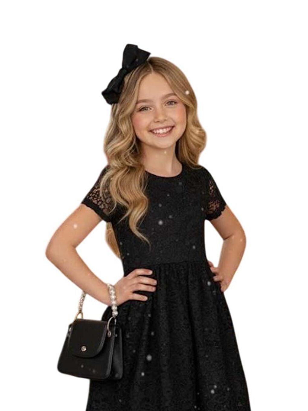 Kız Çocuk Üzeri Dantel İşlemeli İçi Astarlı Simli Siyah Abiye-2
