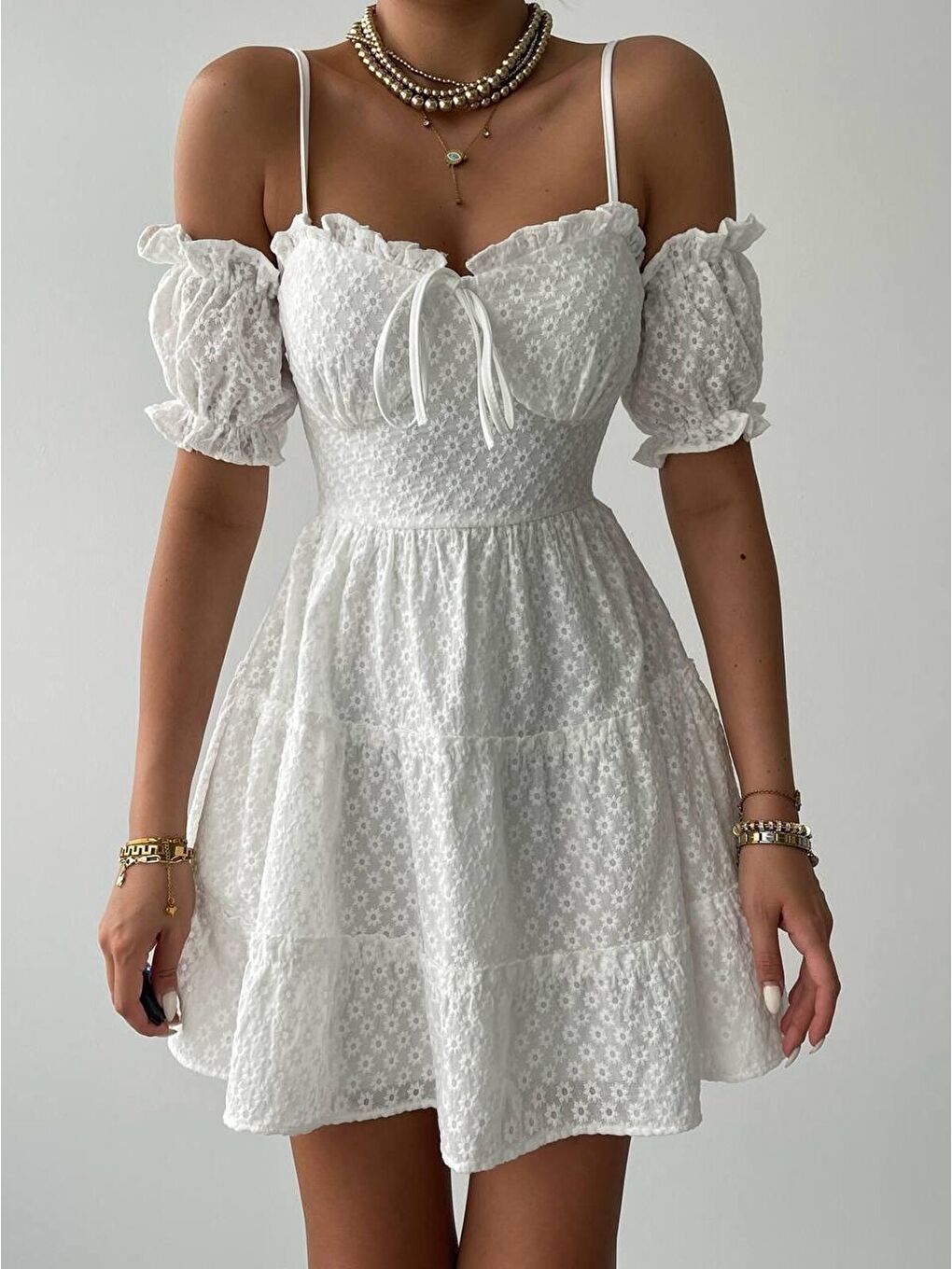 Beyaz Lucca Kolu Lastikli Mini Elbise-1