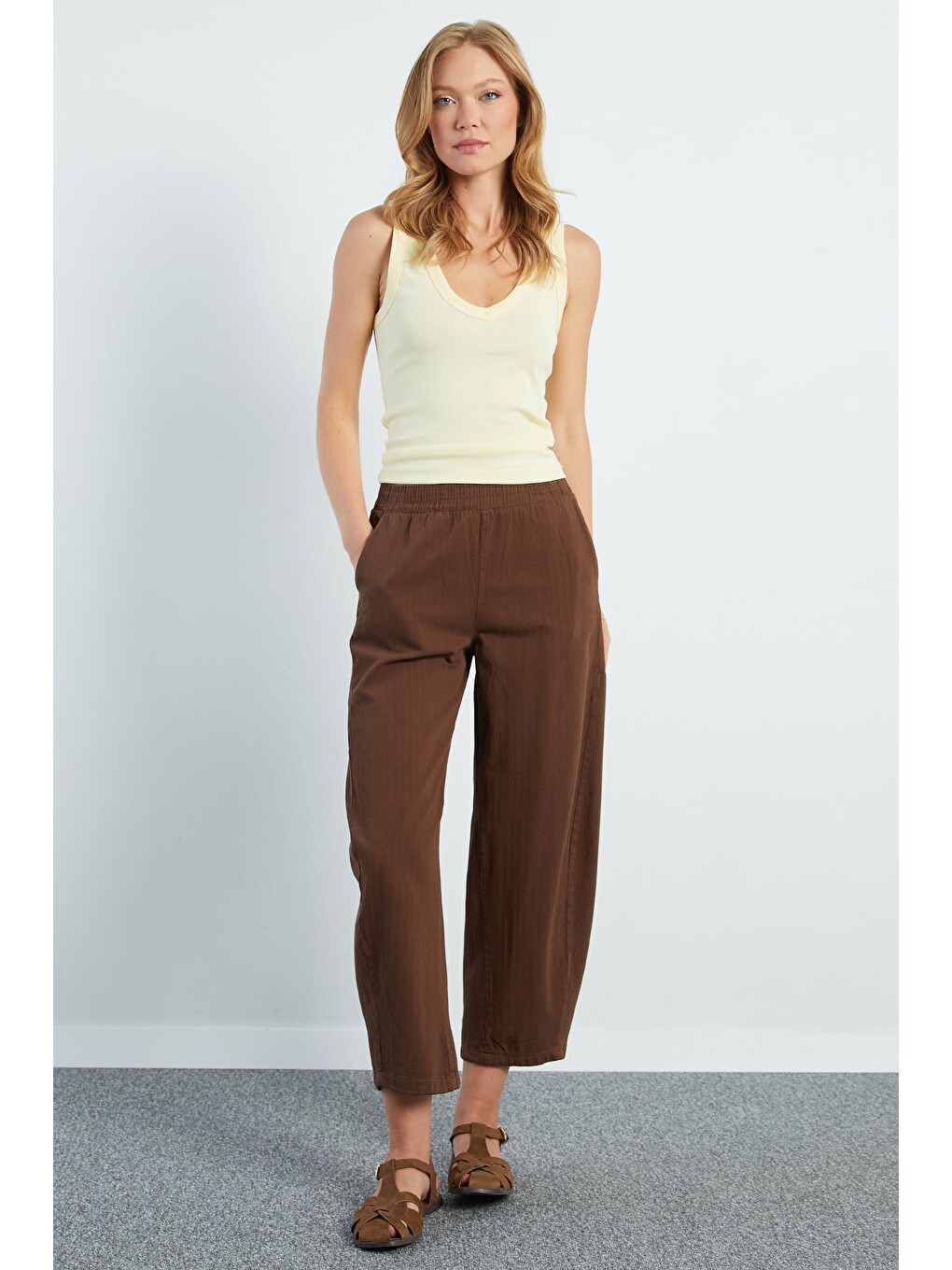 Kahverengi Beli Lastikli Cepli Gabardin Pantolon