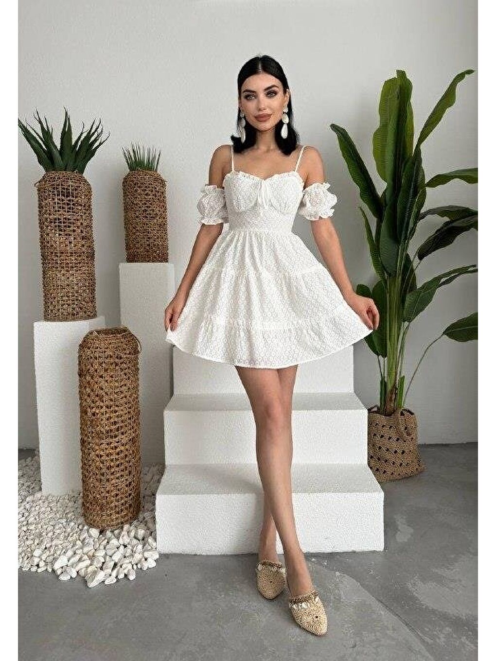 Beyaz Lucca Kolu Lastikli Mini Elbise-2