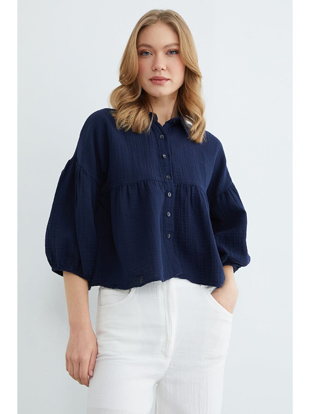 Lacivert Balon Kol Salaş Müslin Kumaş Gömlek-1