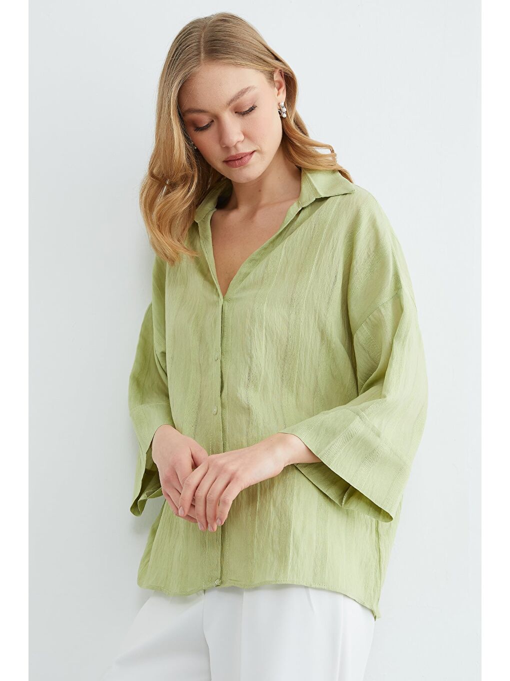 Yeşil Çizgili Kapri Kol Salaş Gömlek-4