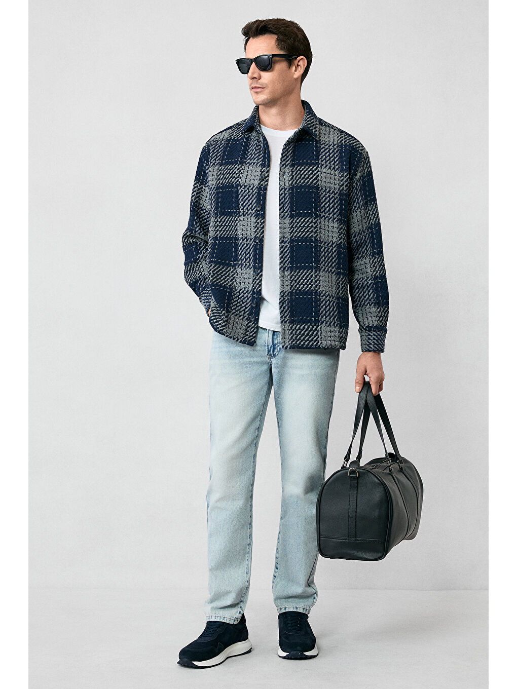 Lacivert Uzun Kol Oversize Ekstra Rahat Kesim Spor Pamuklu Ekose Shacket Oduncu Gömlek / Mont-5