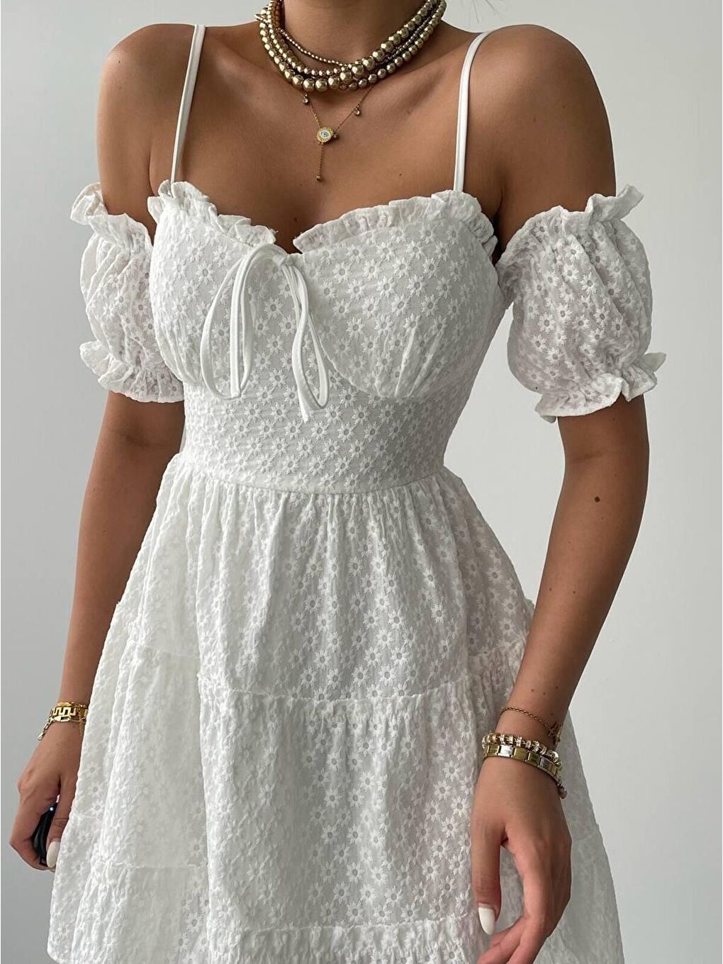 Beyaz Lucca Kolu Lastikli Mini Elbise-4