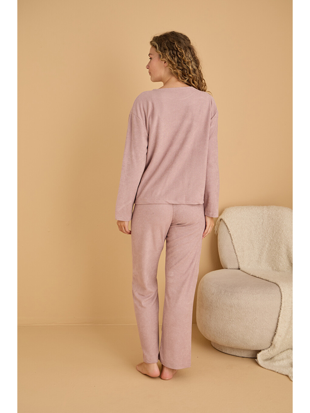 Bej Vizon Nakışlı Havlu Kumaş Örme Pijama Takım25226007-2