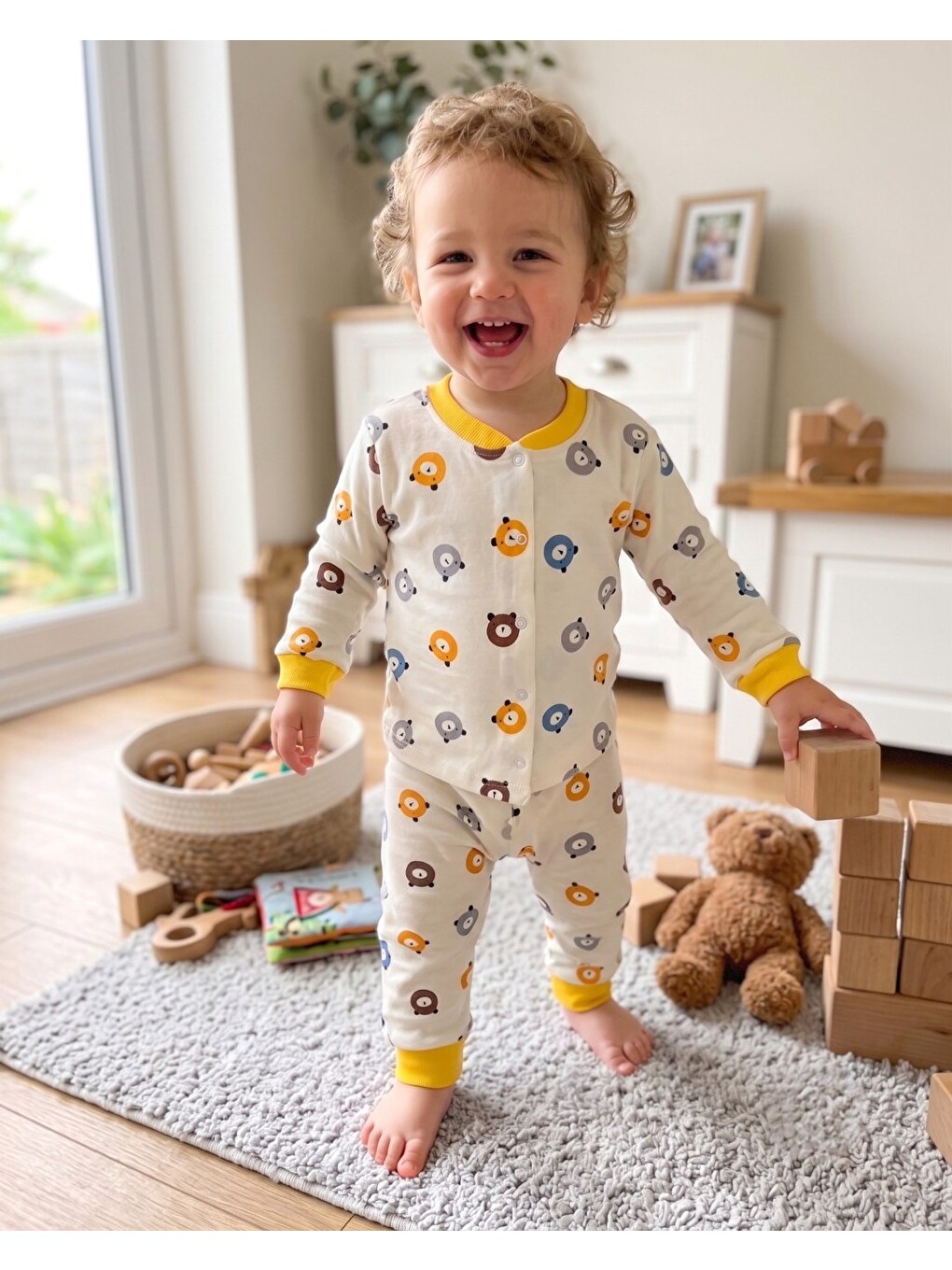Sarı Erkek Bebek Ayıcık Baskılı %100 Pamuklu 1-2-3 Yaş Çıtçıtlı Alt Üst Mevsimlik Pijama Takımı-1