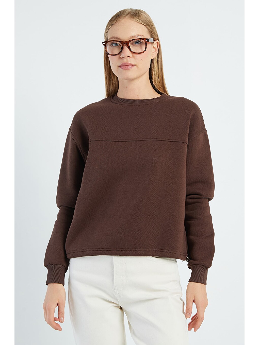 Kahverengi 3 İplik Stoperli Oversize Sweatshirt-1