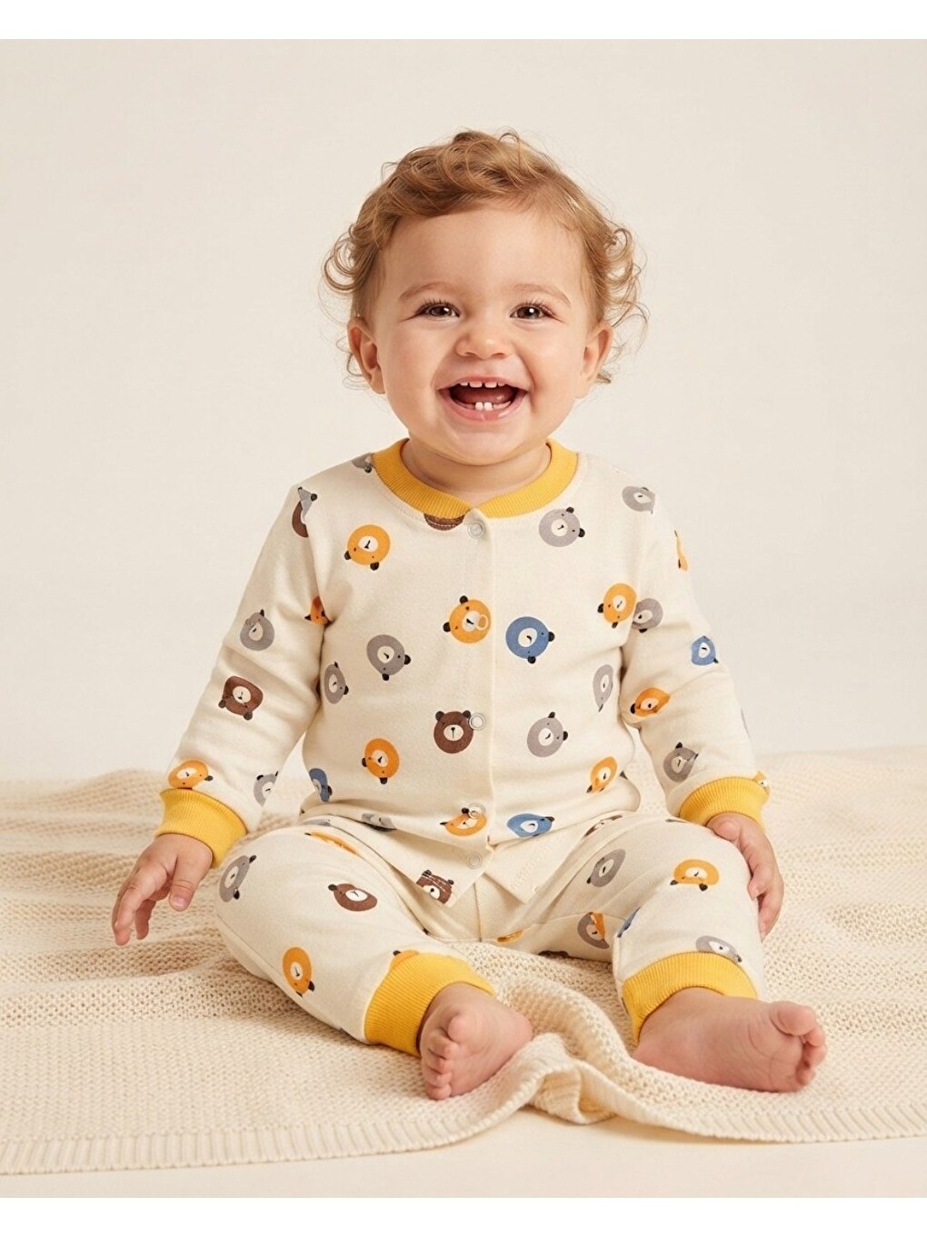 Sarı Erkek Bebek Ayıcık Baskılı %100 Pamuklu 1-2-3 Yaş Çıtçıtlı Alt Üst Mevsimlik Pijama Takımı-2
