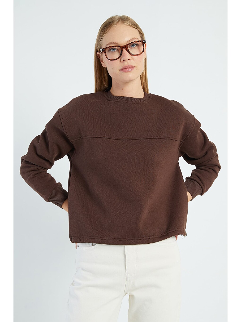 Kahverengi 3 İplik Stoperli Oversize Sweatshirt-2
