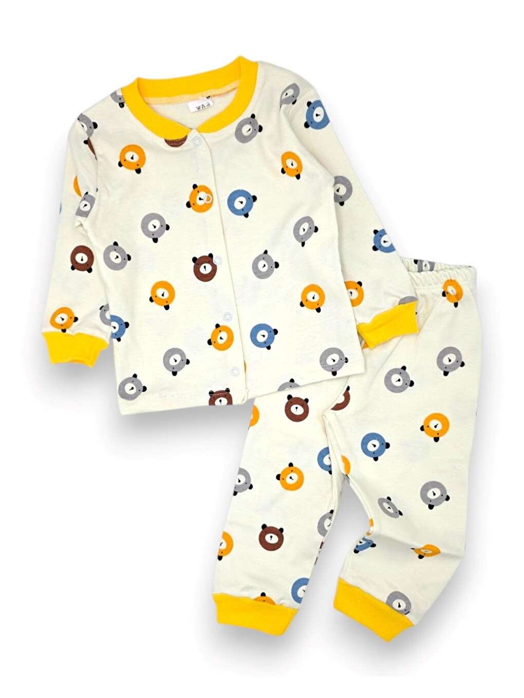 Sarı Erkek Bebek Ayıcık Baskılı %100 Pamuklu 1-2-3 Yaş Çıtçıtlı Alt Üst Mevsimlik Pijama Takımı-3