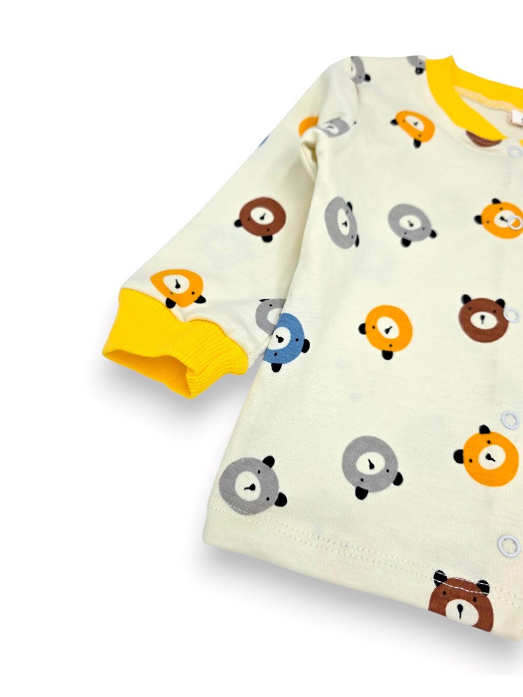 Sarı Erkek Bebek Ayıcık Baskılı %100 Pamuklu 1-2-3 Yaş Çıtçıtlı Alt Üst Mevsimlik Pijama Takımı-4