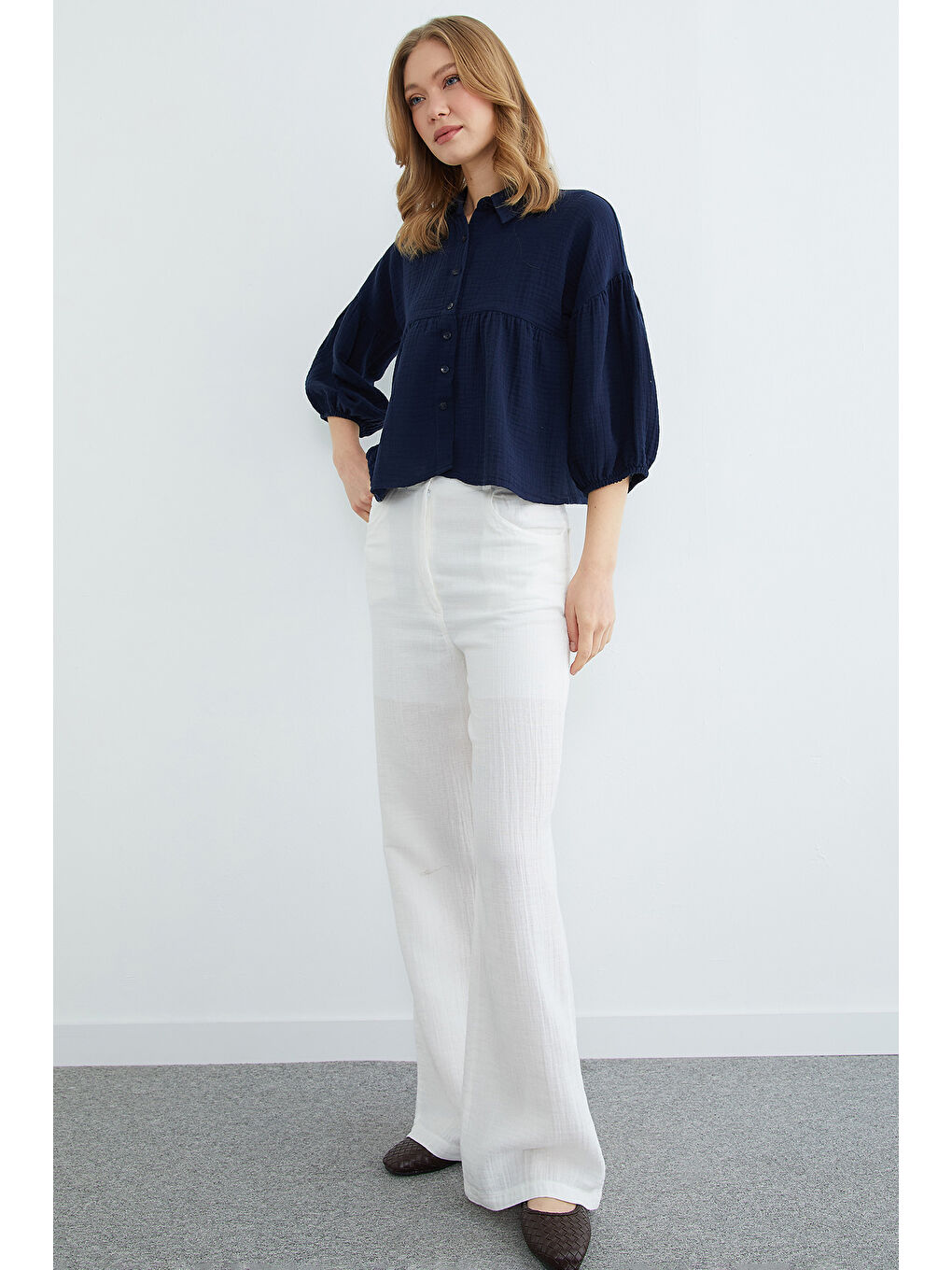 Lacivert Balon Kol Salaş Müslin Kumaş Gömlek-3