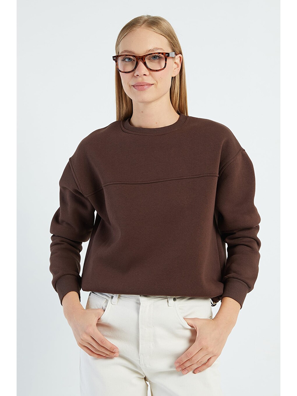 Kahverengi 3 İplik Stoperli Oversize Sweatshirt-4