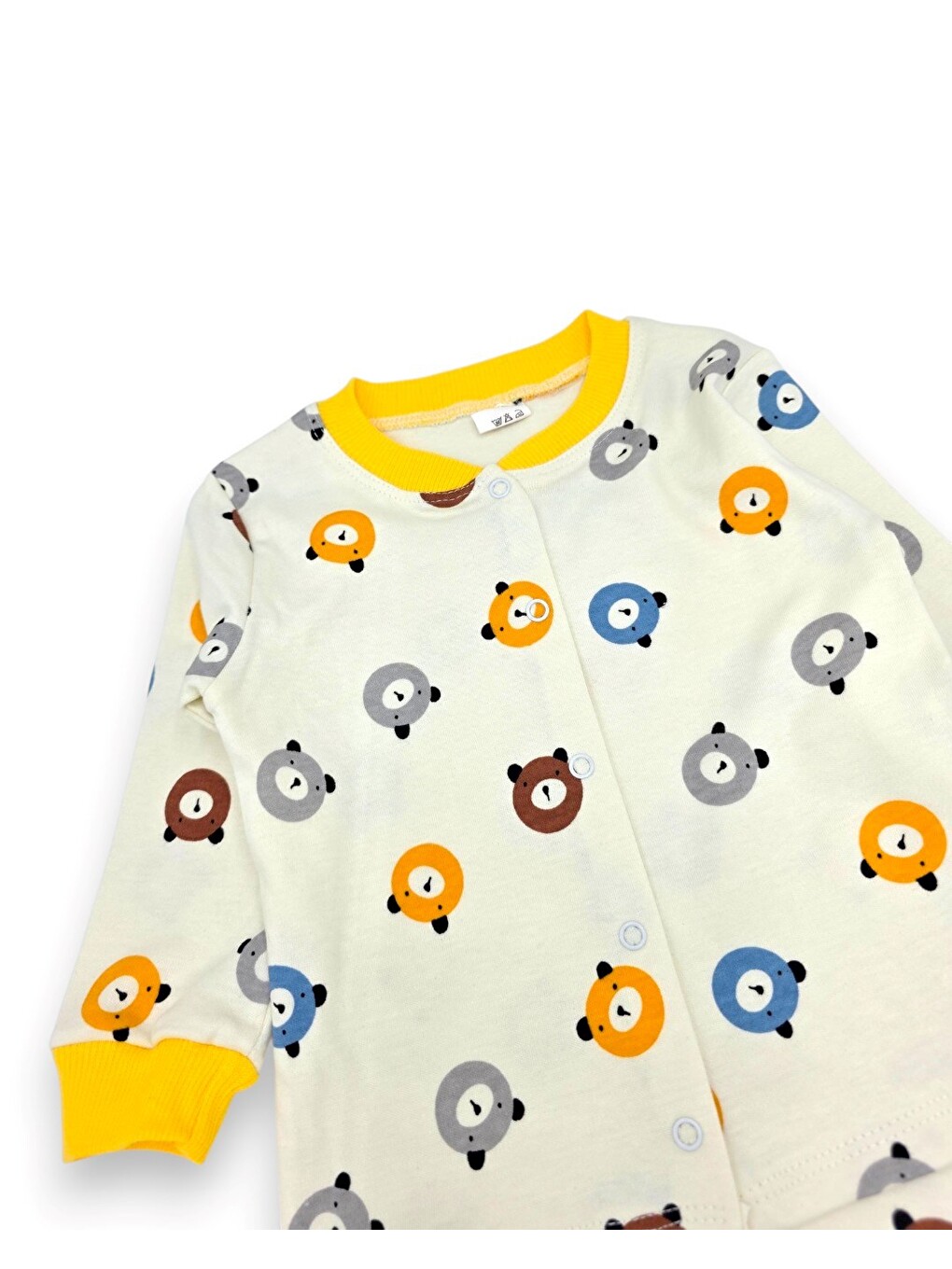 Sarı Erkek Bebek Ayıcık Baskılı %100 Pamuklu 1-2-3 Yaş Çıtçıtlı Alt Üst Mevsimlik Pijama Takımı-5