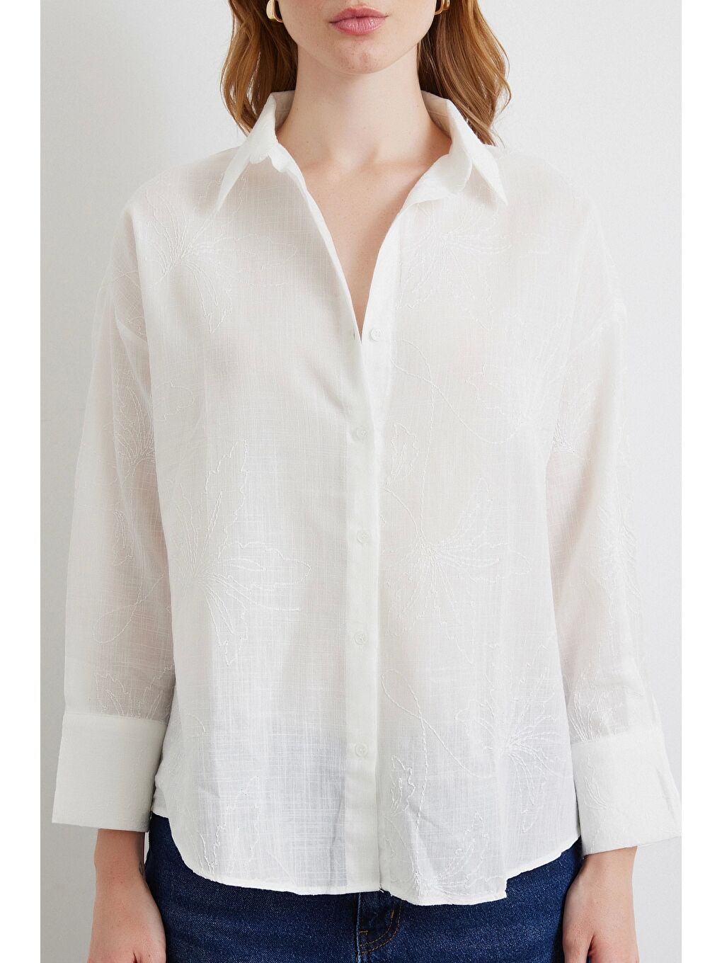 Nakış Detaylı Gömlek Beyaz-3