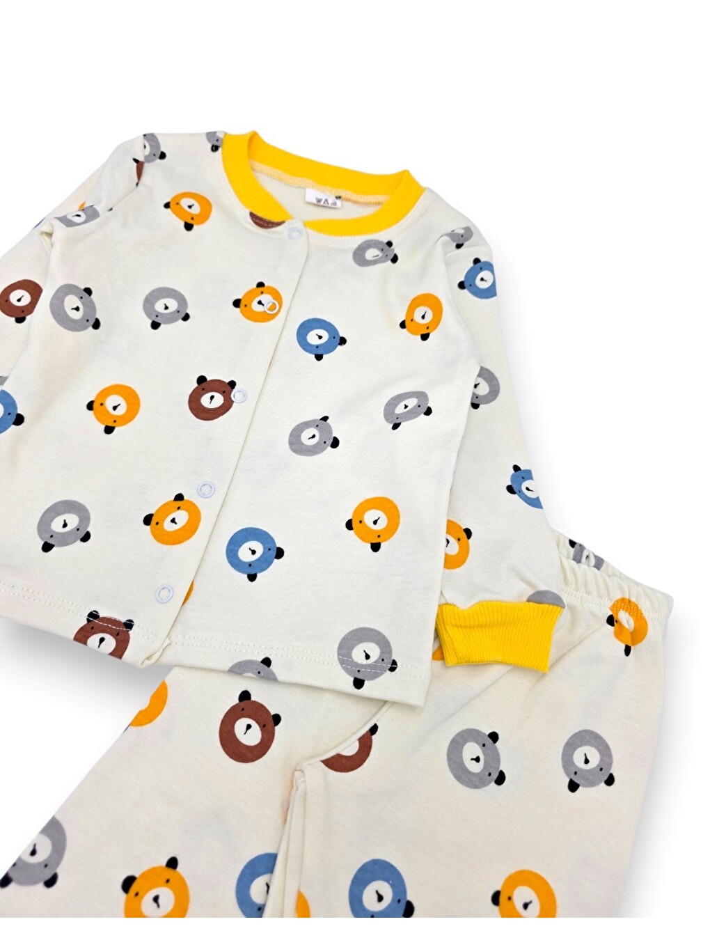 Sarı Erkek Bebek Ayıcık Baskılı %100 Pamuklu 1-2-3 Yaş Çıtçıtlı Alt Üst Mevsimlik Pijama Takımı-6