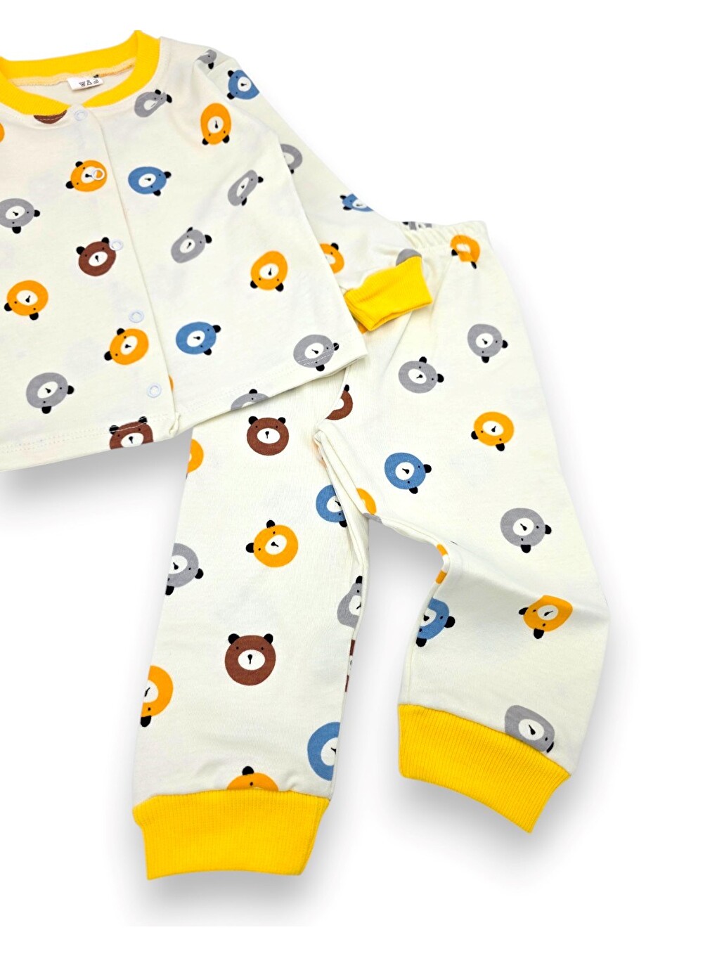 Sarı Erkek Bebek Ayıcık Baskılı %100 Pamuklu 1-2-3 Yaş Çıtçıtlı Alt Üst Mevsimlik Pijama Takımı-7