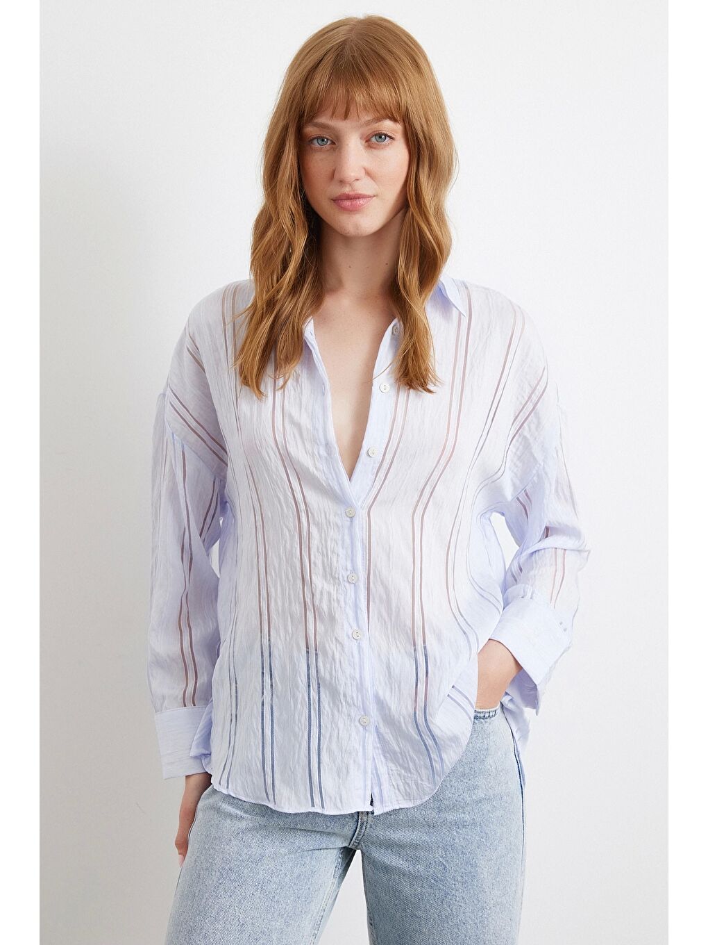 Organze Çizgili Gömlek Mavi-1