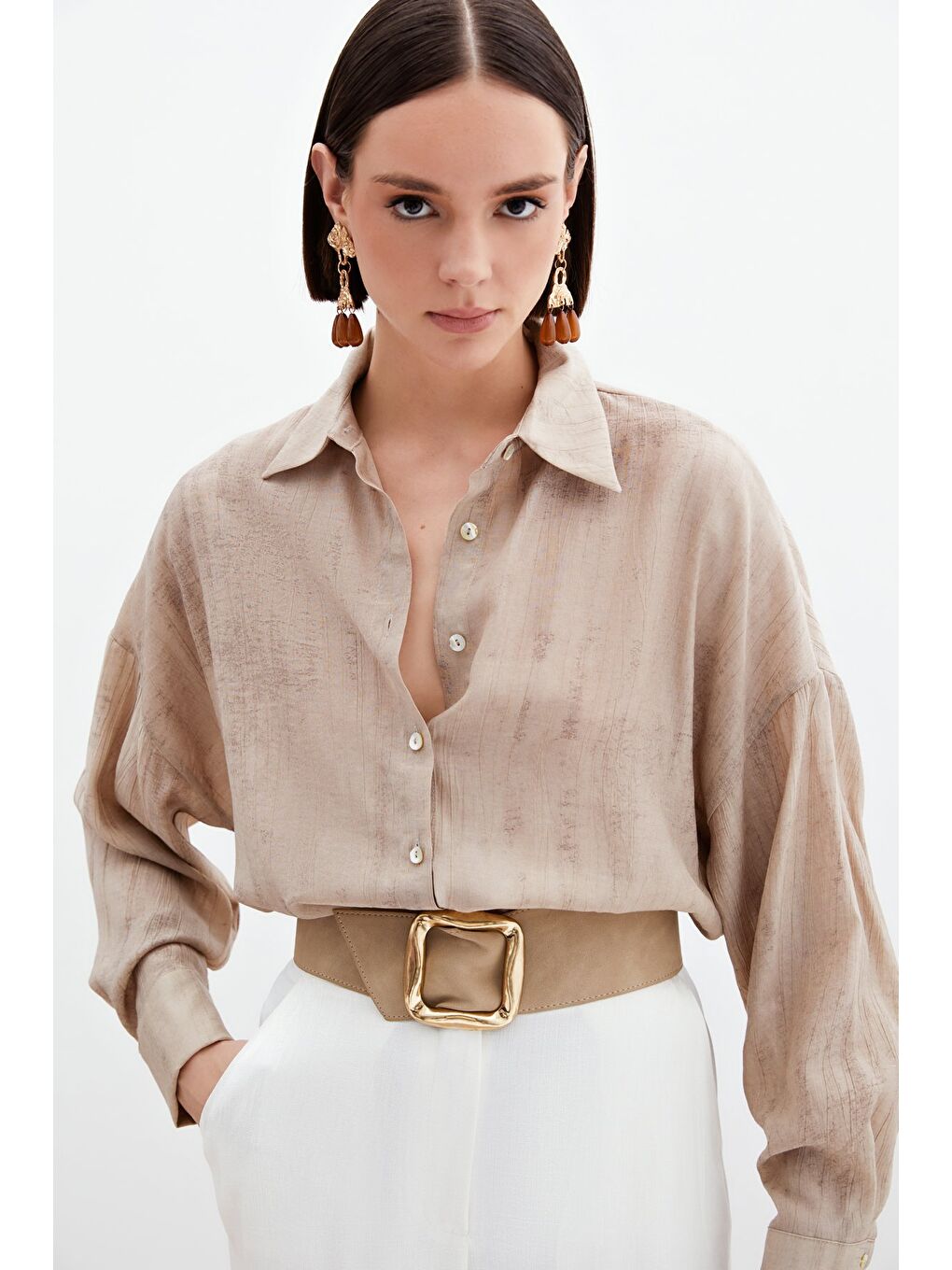 Desenli İnce Salaş Gömlek - Bej