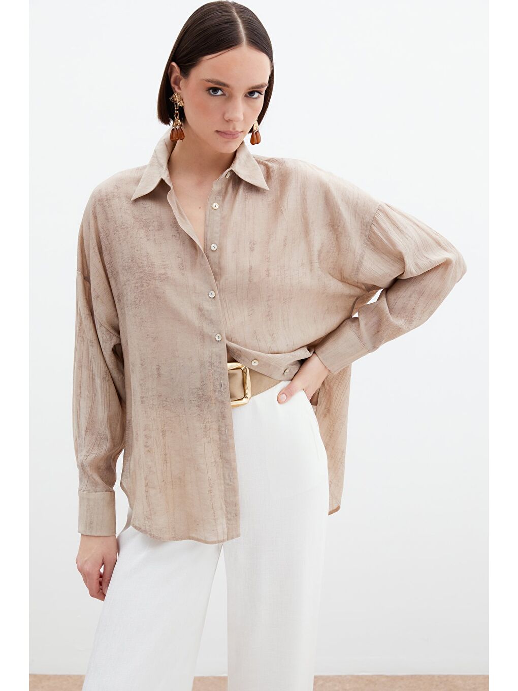 Desenli İnce Salaş Gömlek - Bej-1