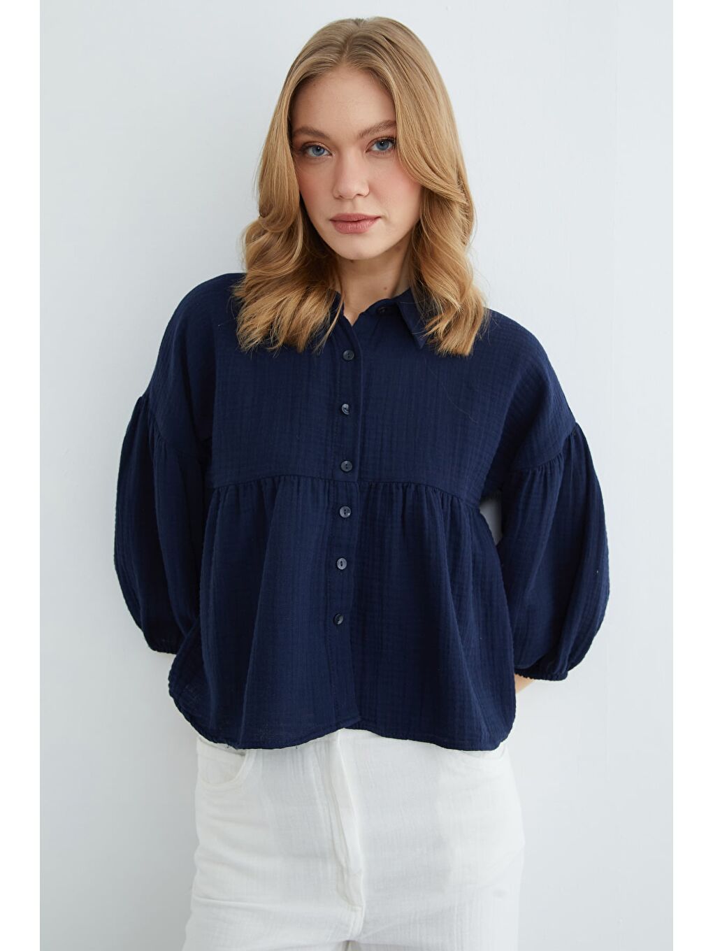 Lacivert Balon Kol Salaş Müslin Kumaş Gömlek-4