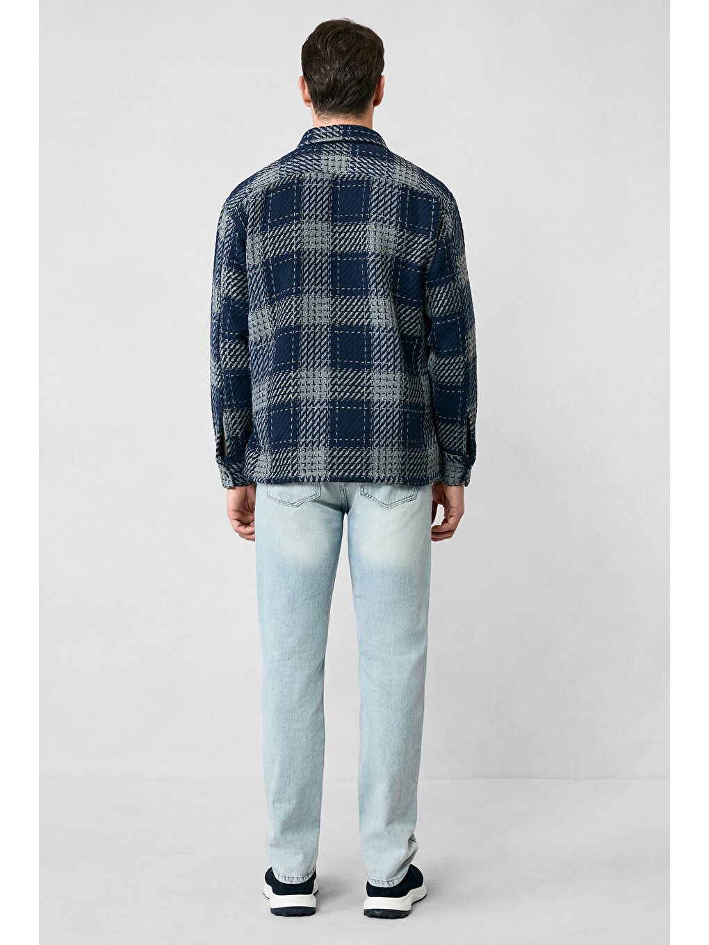 Lacivert Uzun Kol Oversize Ekstra Rahat Kesim Spor Pamuklu Ekose Shacket Oduncu Gömlek / Mont-6