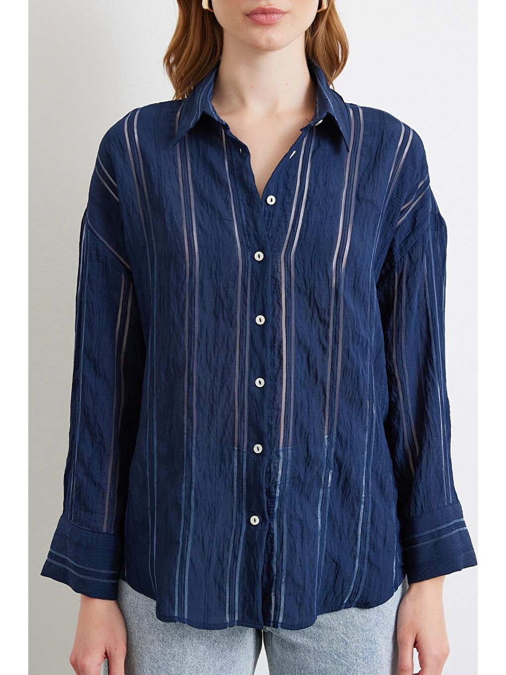 Organze Çizgili Gömlek Lacivert-3