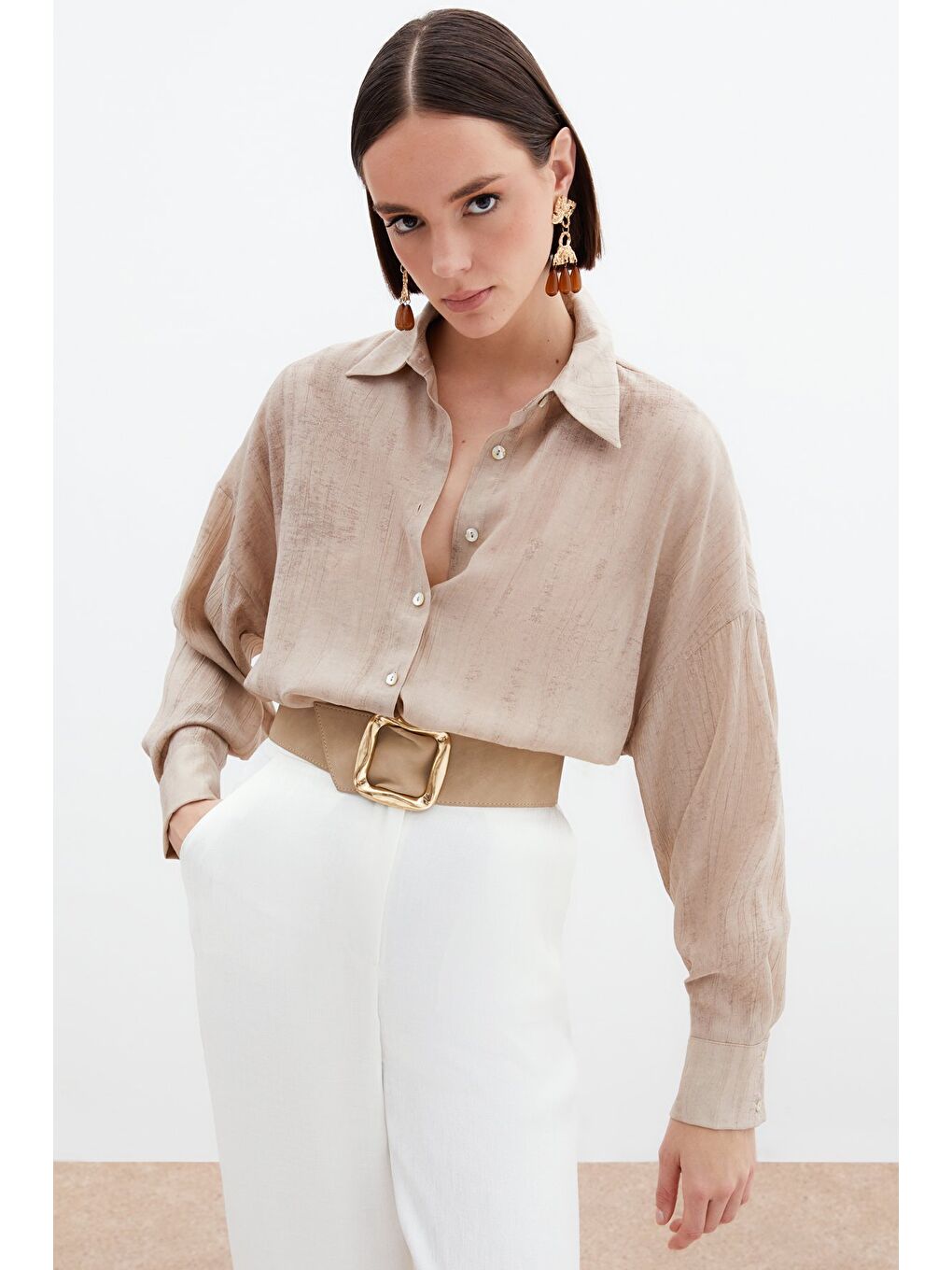 Desenli İnce Salaş Gömlek - Bej-2